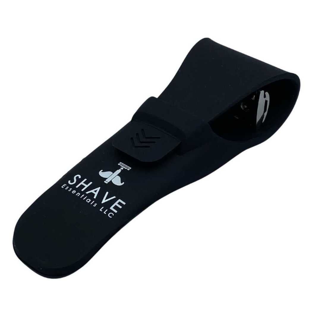 Black silicone razor protective sleeve with snap closure and razor slot