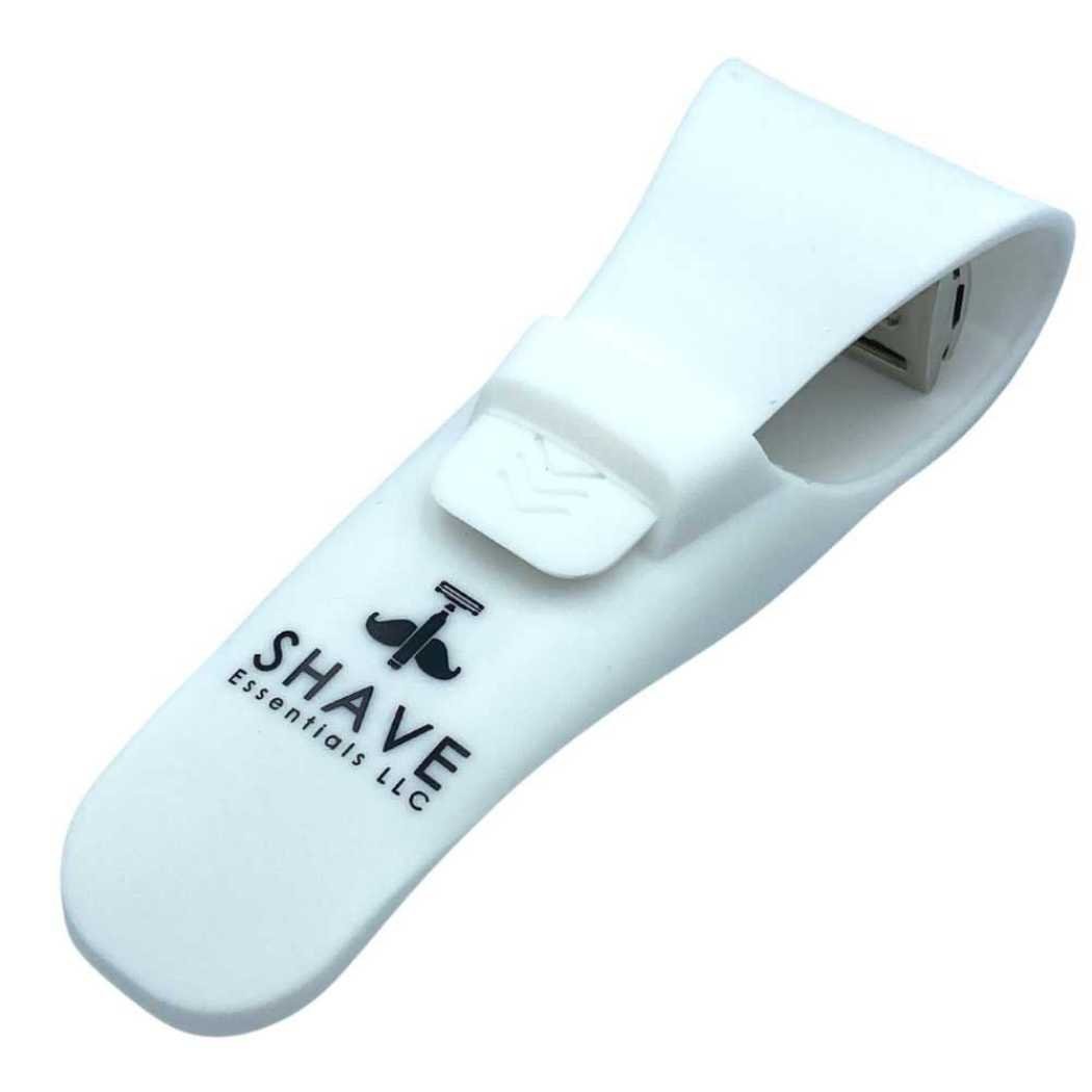 White silicone razor protective sleeve with snap button and recessed razor end