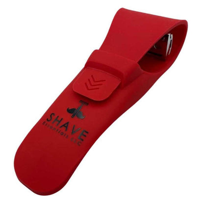 Red silicone razor protective sleeve with snap flap and open razor holder
