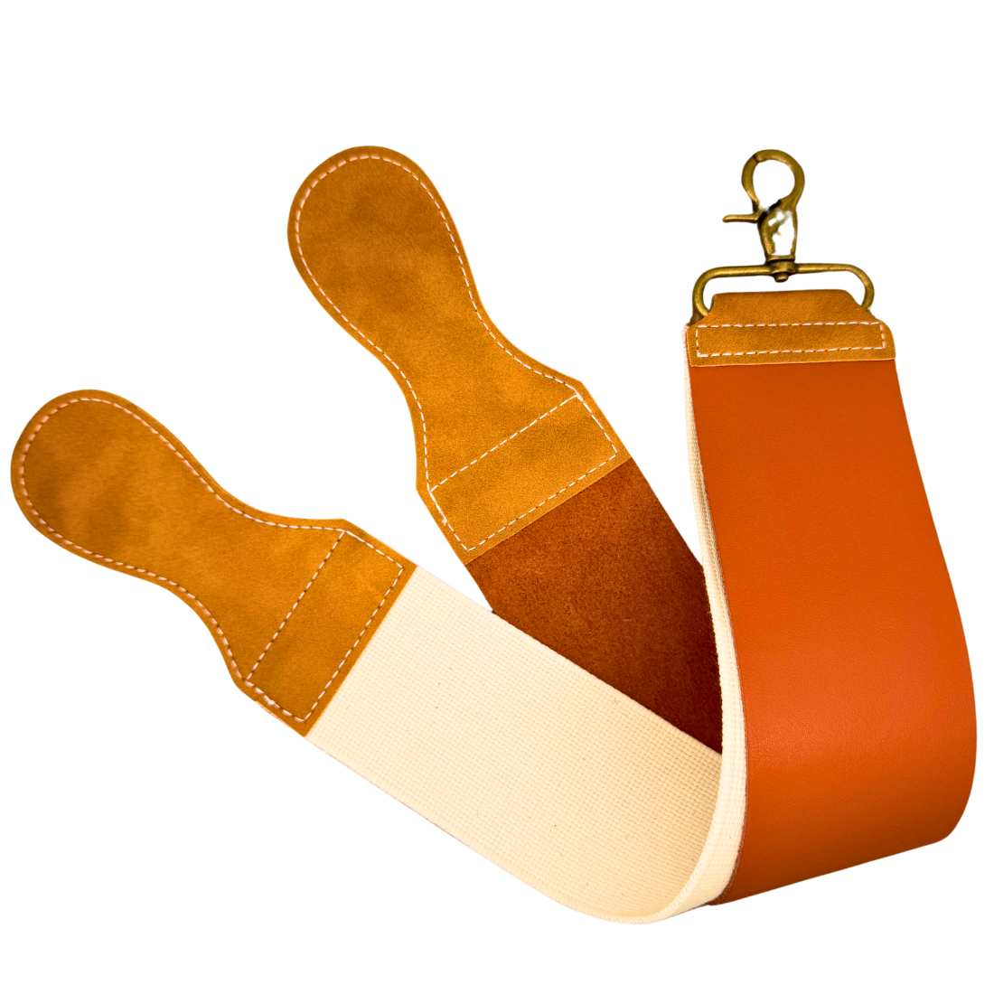 Two-tone leather razor strop with brass clip and stitched edges