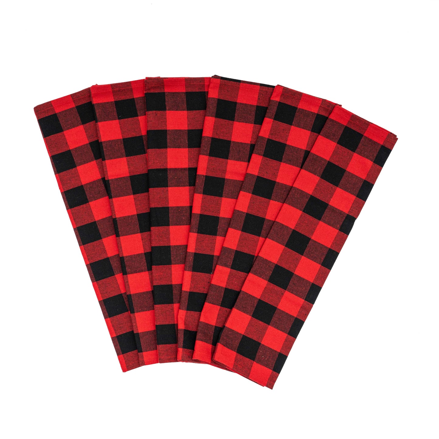 Plaid kitchen towels, red and black buffalo check with white accents, folded set