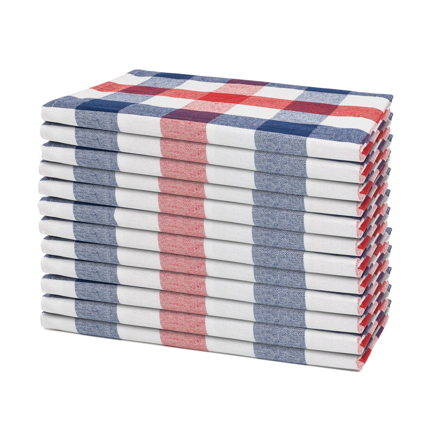 Plaid dinner napkins, stacked, blue red and white striped check design