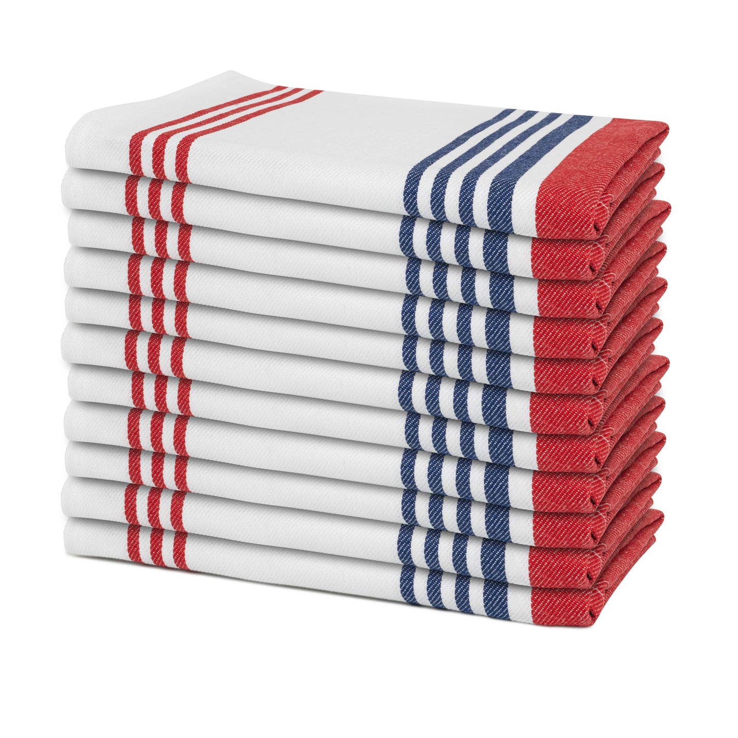 Stack of striped cloth napkins with white base, red stripes, and blue accents