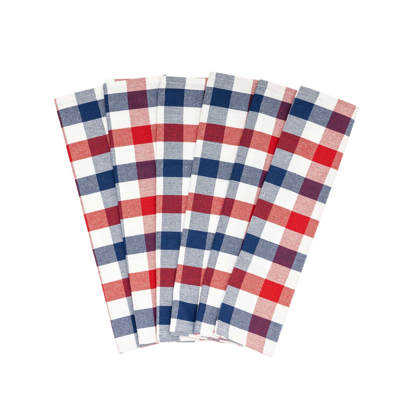 Plaid kitchen towels, red white and navy check pattern, folded set of towels