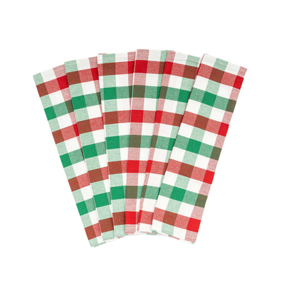 Plaid kitchen towels, green red and white check pattern, folded set of towels
