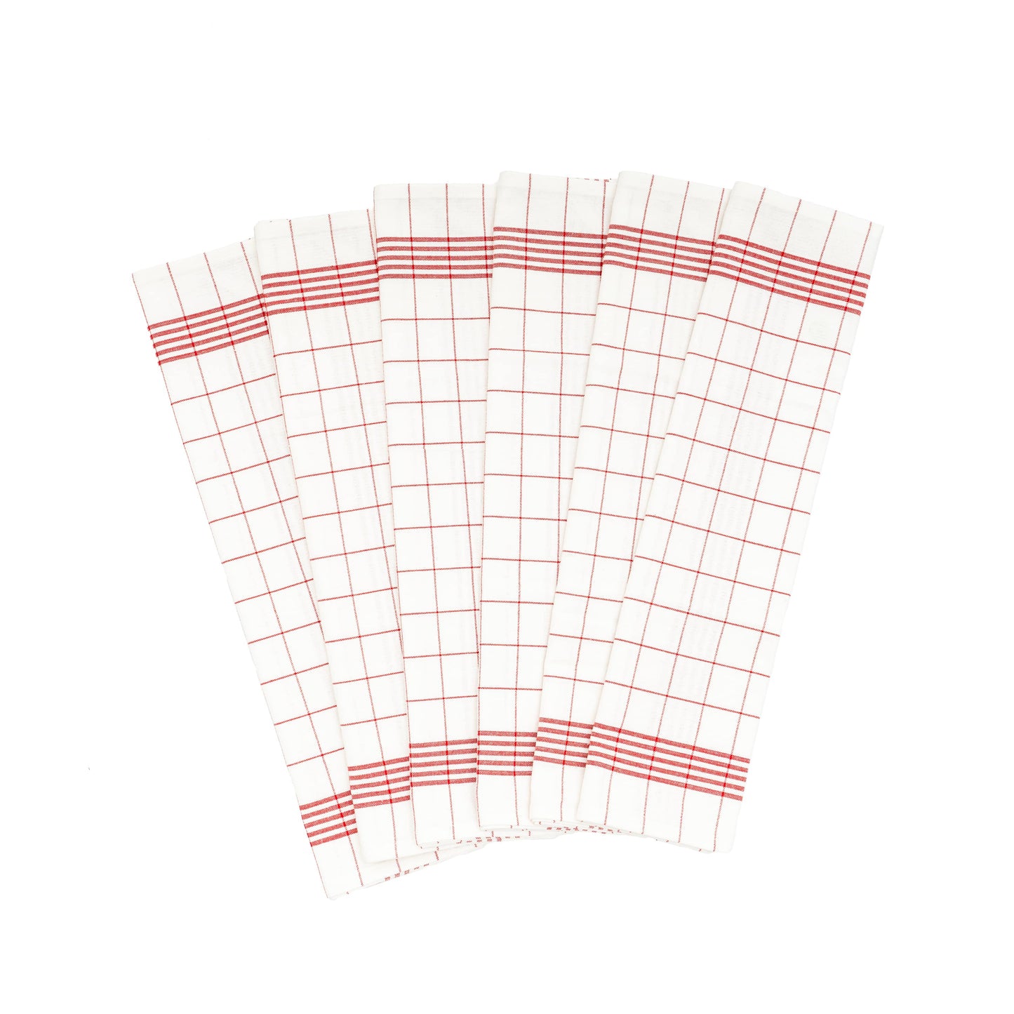 White kitchen towels with red windowpane grid, folded set with multiple towels