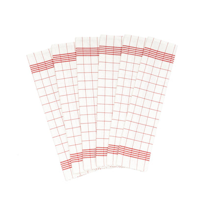 White kitchen towels with red windowpane grid, folded set with multiple towels