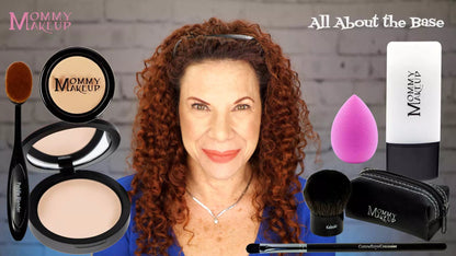 Talc-free foundation and concealer set with compact, concealer pot, sponge, brushes, and tube