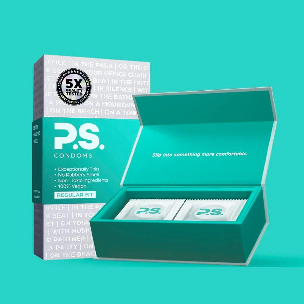 P.S. Condoms open carton with two condom packets inside, regular fit