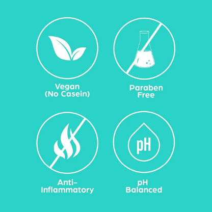 Condom feature icons: vegan, paraben free, anti-inflammatory, pH balanced