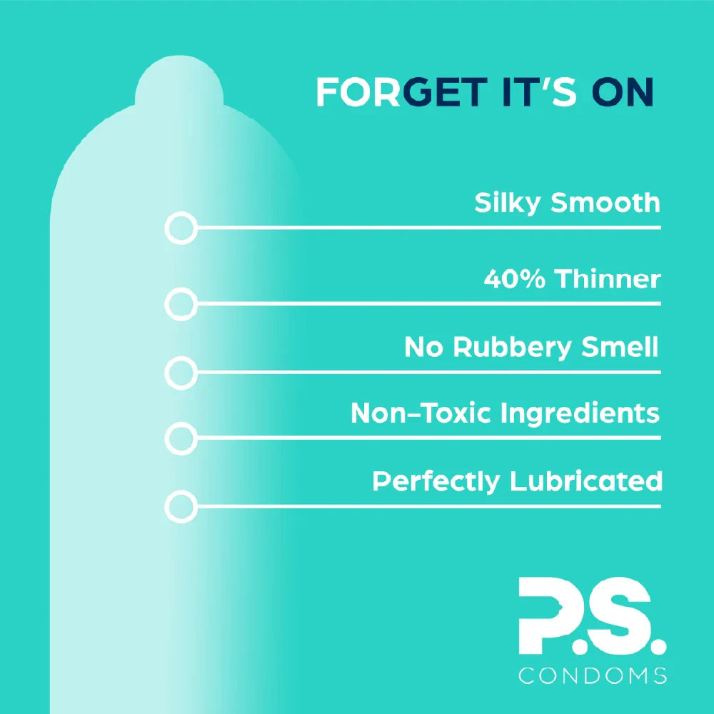 Condom feature card: silky smooth, 40% thinner, no rubbery smell