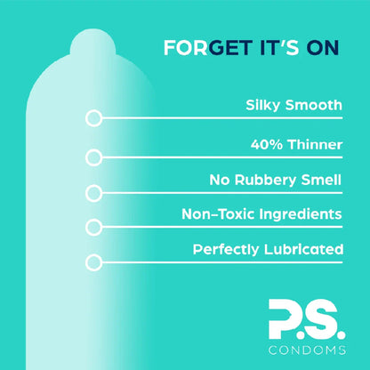 Condom feature card: silky smooth, 40% thinner, no rubbery smell