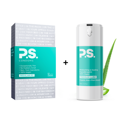 Condoms box (regular fit) and organic plant-based body lubricant bottle, teal.