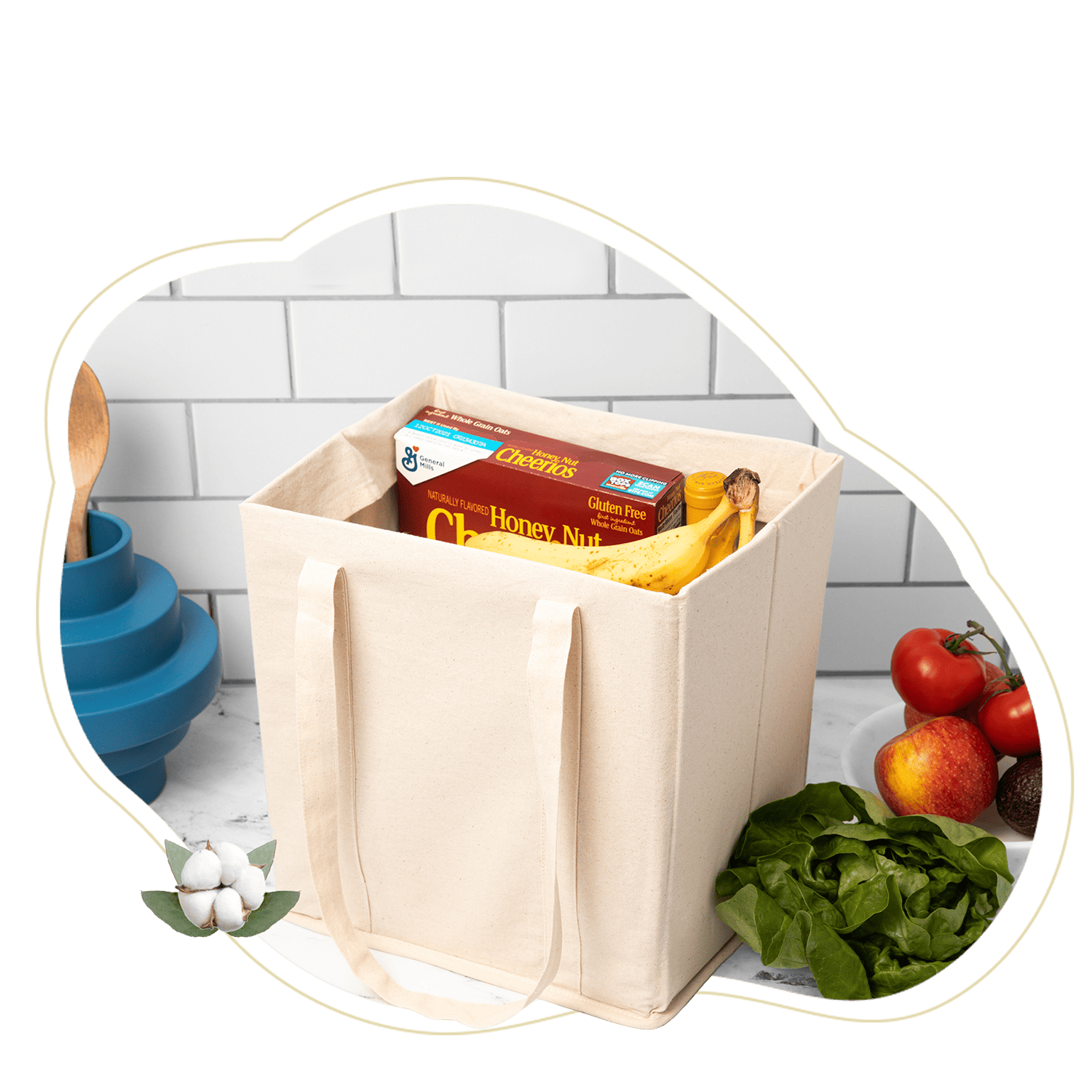 Light beige collapsible grocery shopping bag with produce, cans, and paper side handles