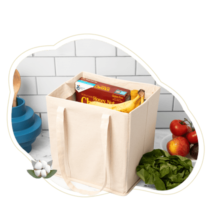 Light beige collapsible grocery shopping bag with produce, cans, and paper side handles