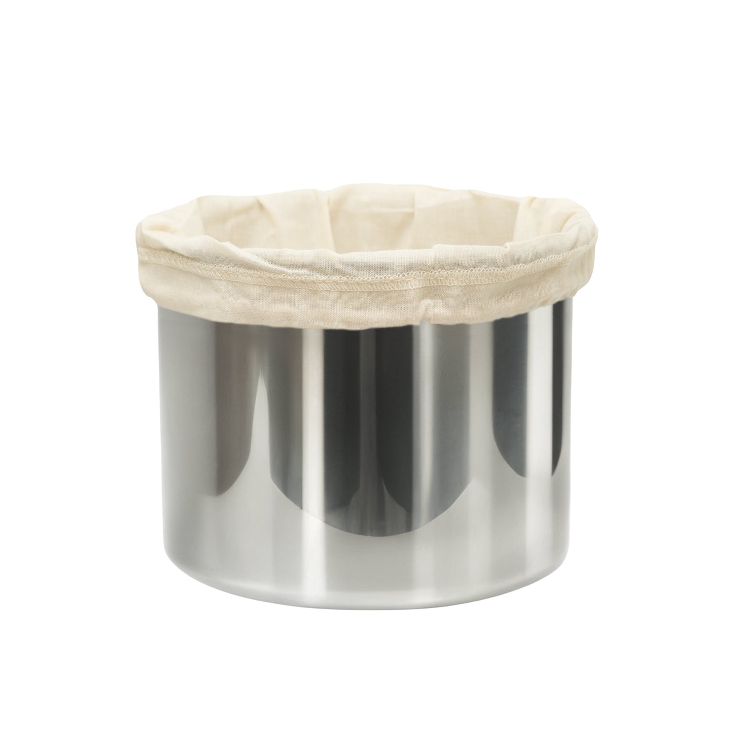 Nut milk bag, off-white fabric pouch with stitched rim and drawstring