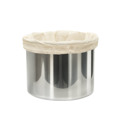 Nut milk bag, off-white fabric pouch with stitched rim and drawstring