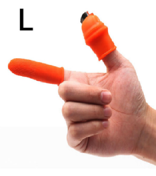 Orange silicone finger blade, size L, on hand finger with textured top