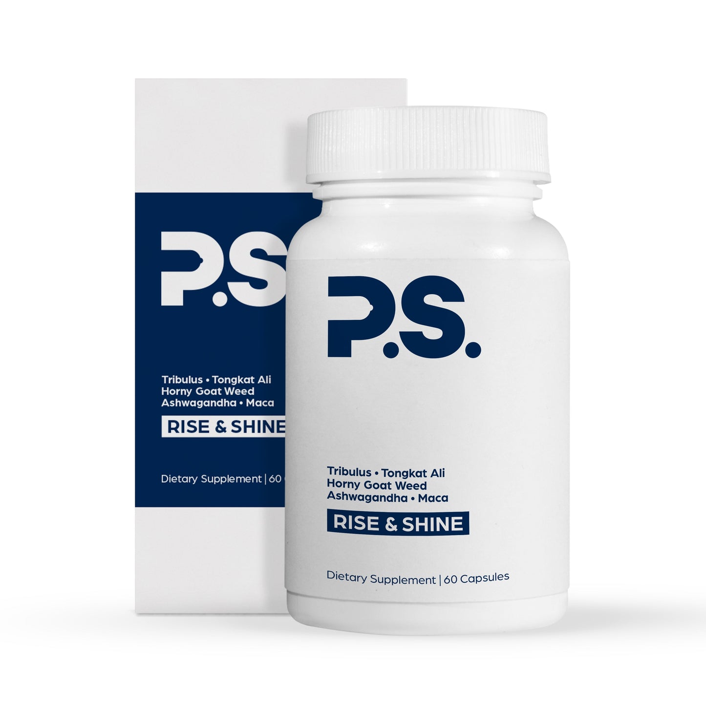 Dietary supplement bottle with P.S. Rise & Shine label, 60 capsules