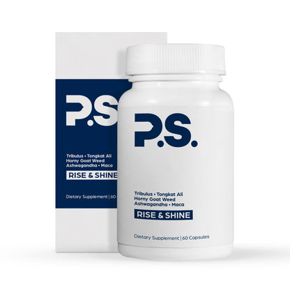 Dietary supplement bottle with P.S. Rise & Shine label, 60 capsules