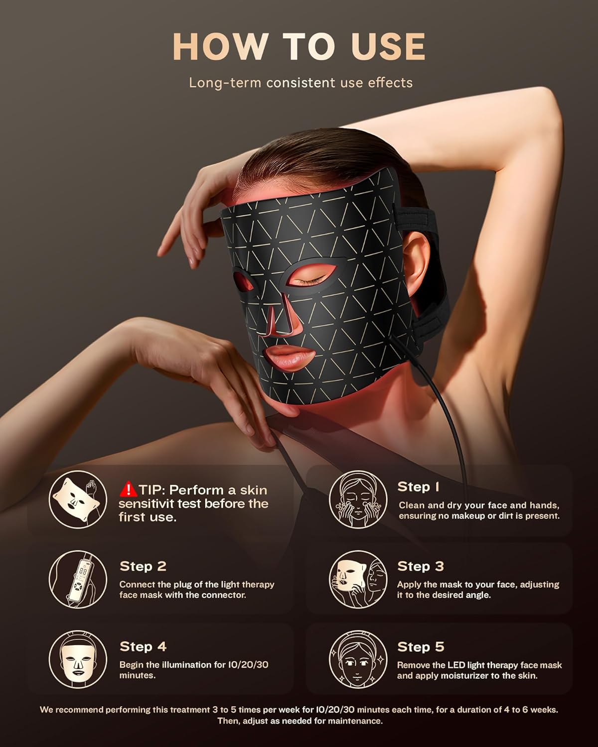 PurRed™ light therapy mask, premium black on person with adjustable strap