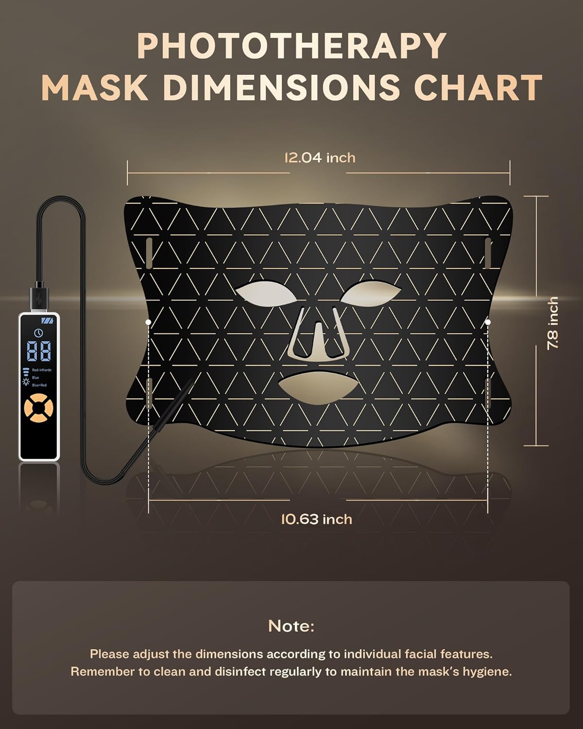 PurRed™ light therapy mask dimensions chart for premium black mask
