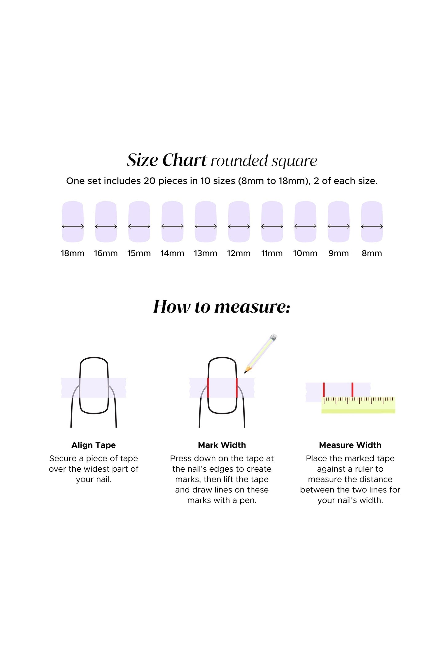 Rounded square nail size chart with tip measurements and guide diagrams for sizing