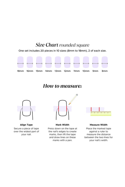 Rounded square nail size chart with tip measurements and guide diagrams for sizing