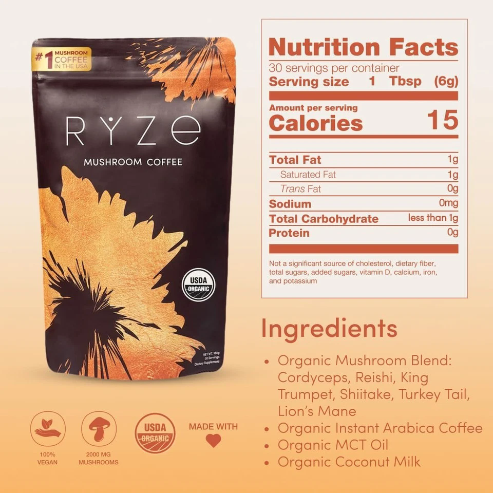 RYZE SUPERFOODS Mushroom Coffee Dark Roast, 6 Adaptogenic Mushrooms & Prebiotic Blend, Instant Coffee Supports Energy, Focus, Digestion & Immunity, Lions Mane & Turkey Tail, 30 Servings. - Renee Lane Company