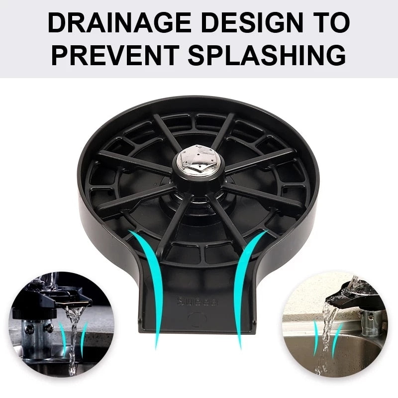 Automatic cup washer drainage design with black circular base to prevent splashing