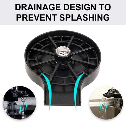 Automatic cup washer drainage design with black circular base to prevent splashing