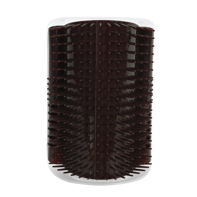 Dark brown corner grooming brush with spiked bristles in a clear container.