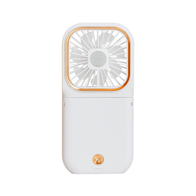 Mini cooling foldable fan in white with orange-trimmed square grille