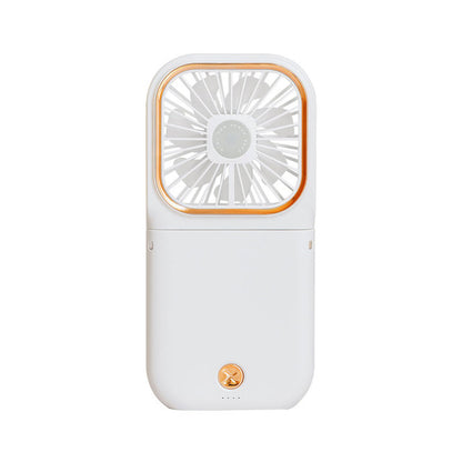Mini cooling foldable fan in white with orange-trimmed square grille