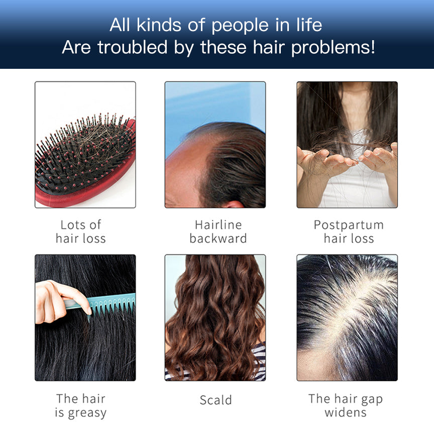Hair growth comb bristles shown in small inset on a hair-care problem collage