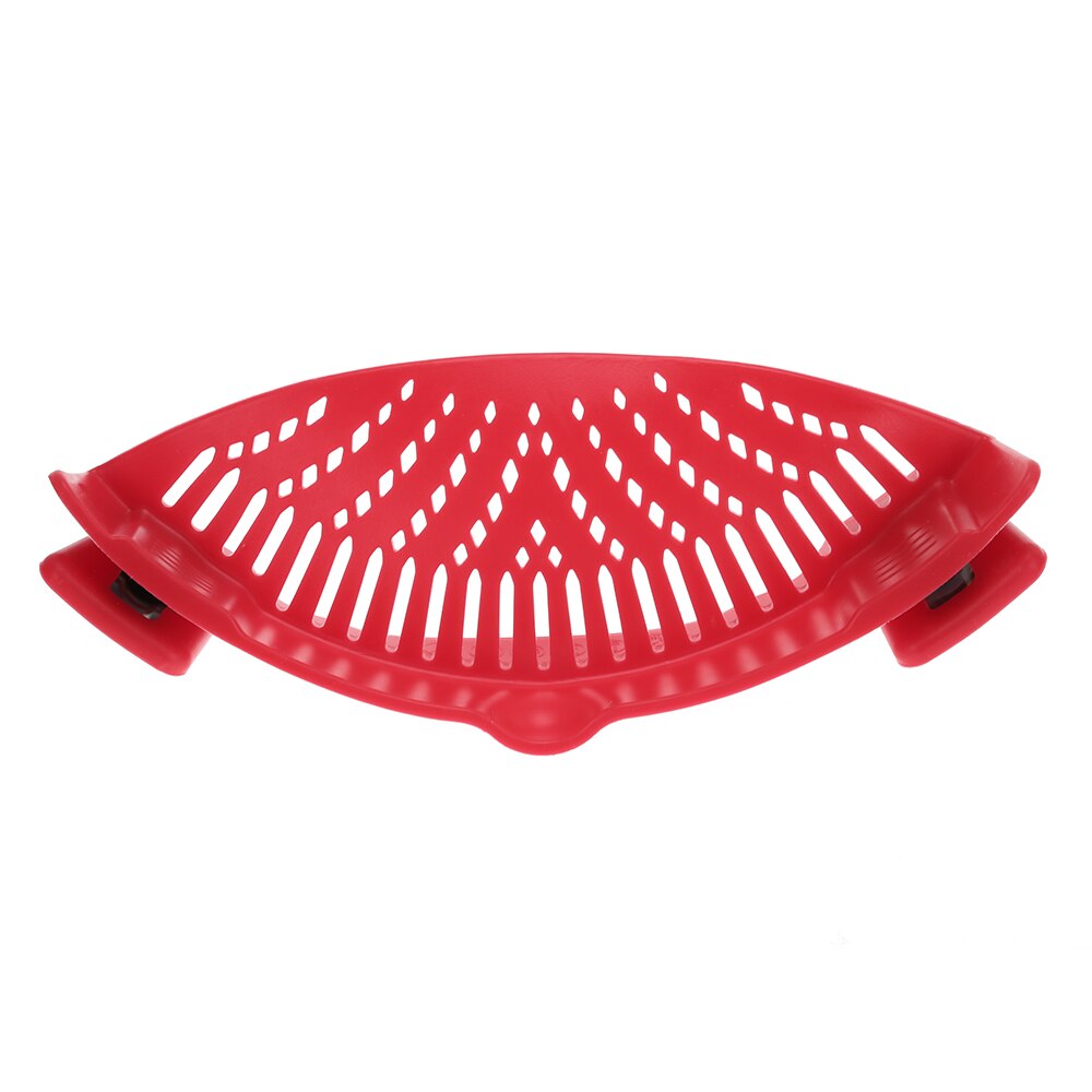 Red silicone snap strainer with curved perforation pattern and side tabs