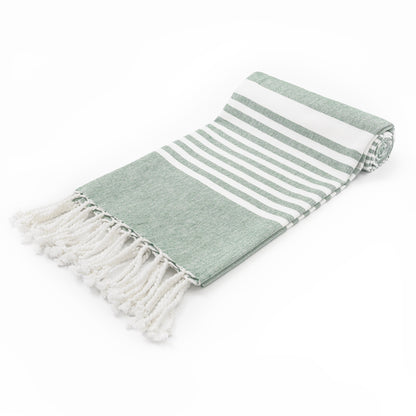 Turkish beach towel in green with white horizontal stripes and fringe ends