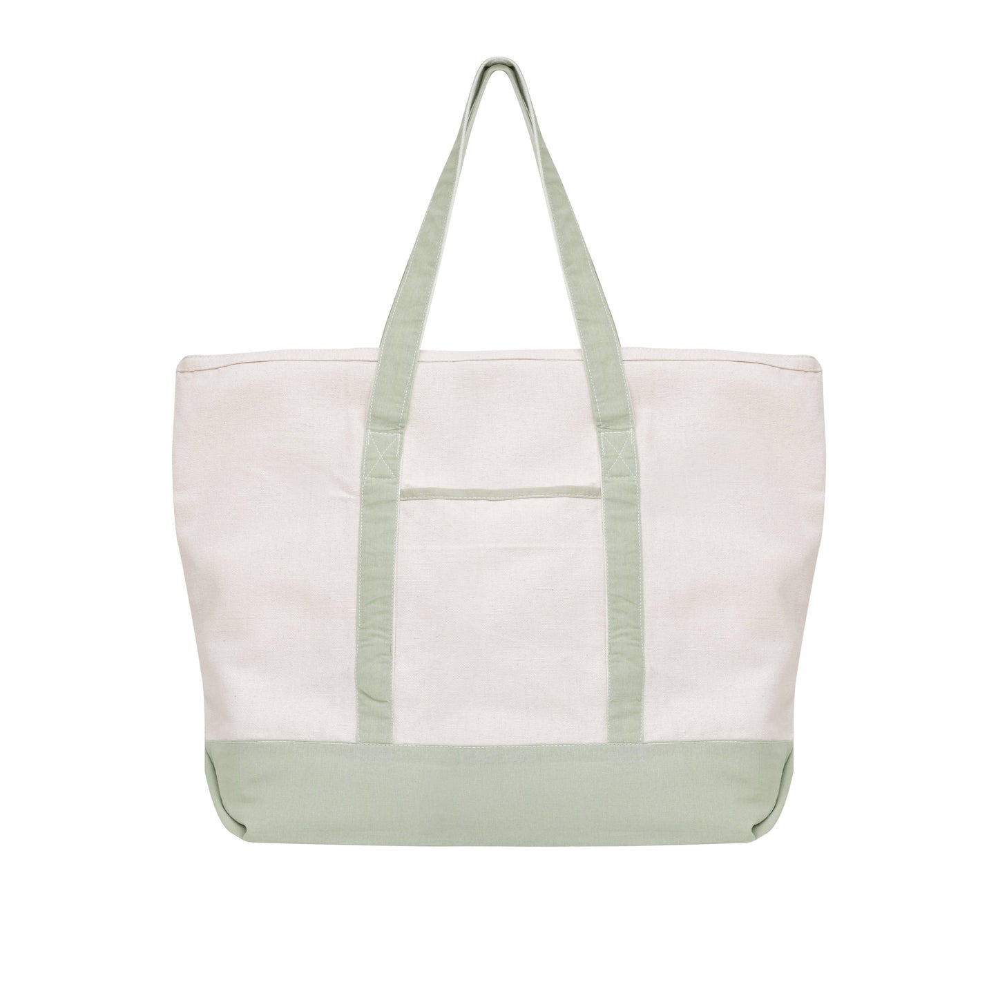Off-white canvas tote bag with sage green handles and sage green bottom band.