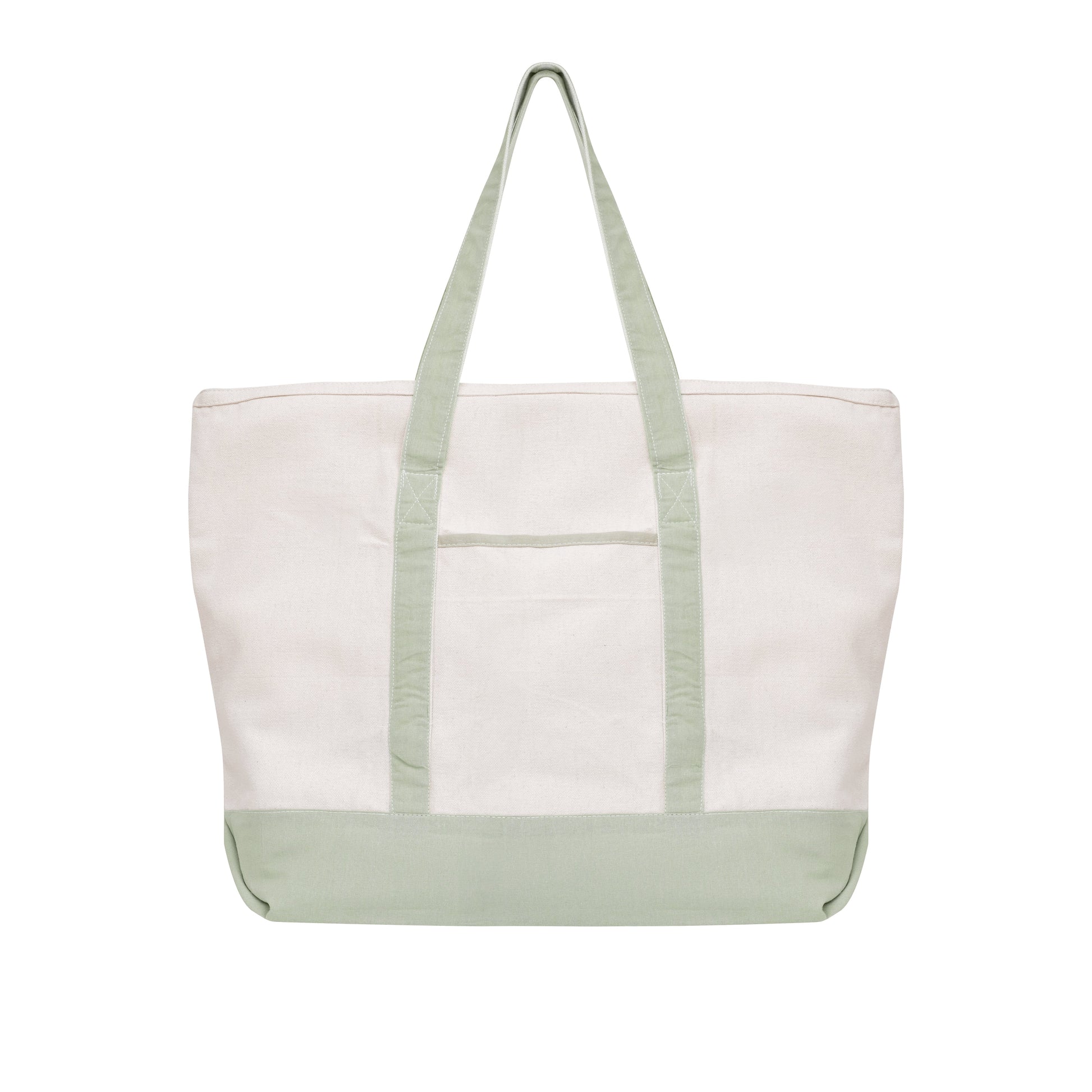 Off-white canvas tote bag with sage green handles and sage green bottom band.