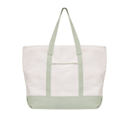 Off-white canvas tote bag with sage green handles and sage green bottom band.