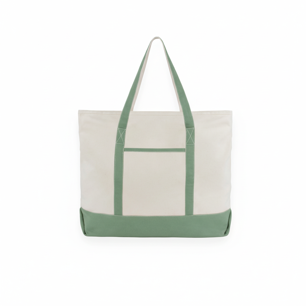 Off-white canvas tote with sage green handles and wide green bottom band.