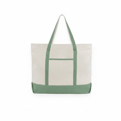 Off-white canvas tote with sage green handles and wide green bottom band.