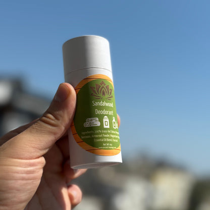 Deodorant stick with silver top and green Sandalwood label held in hand