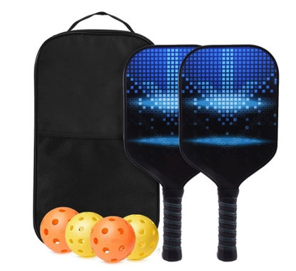 Pickleball paddle set with bag, two blue grid paddles, four orange-yellow balls