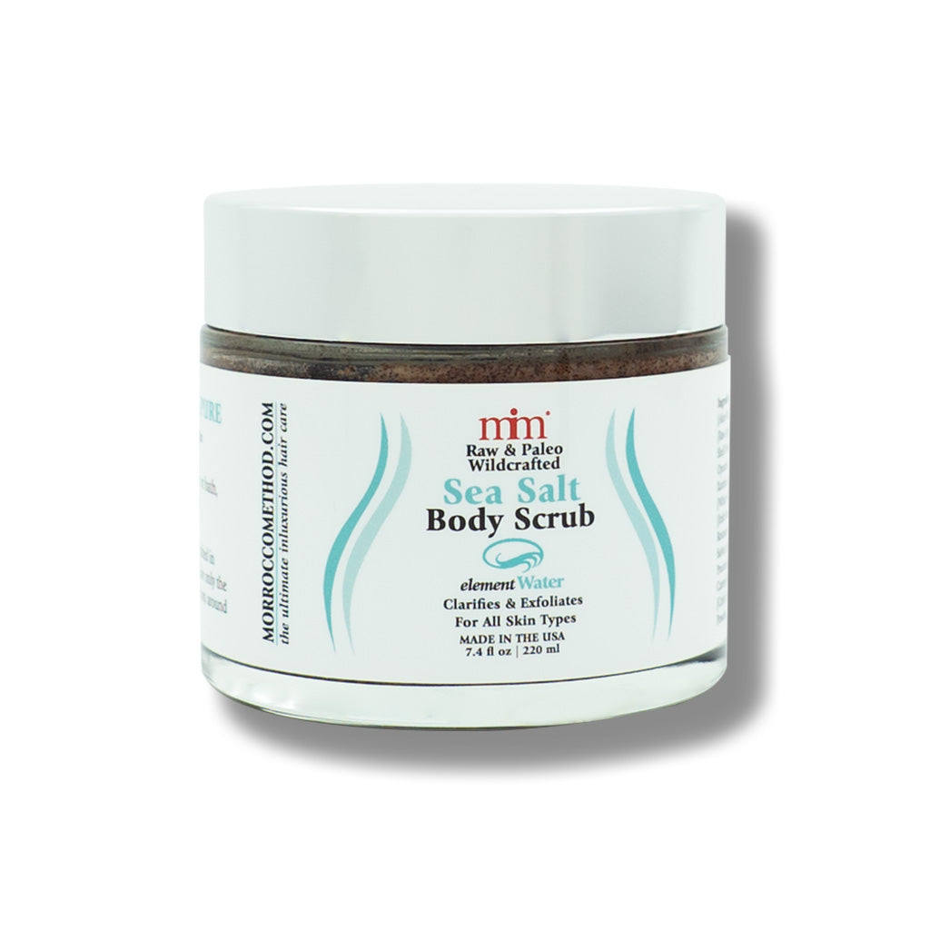Sea Salt body scrub jar with white lid and brown scrub texture