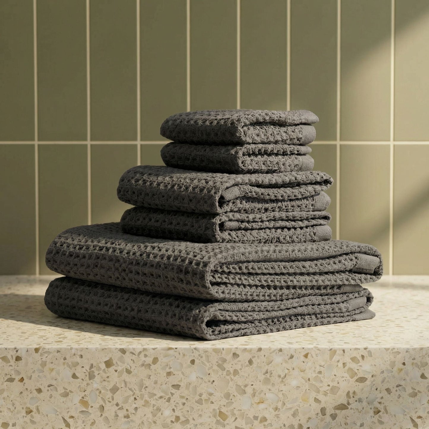 Charcoal waffle weave towels stacked on a countertop, folded layers with grid texture