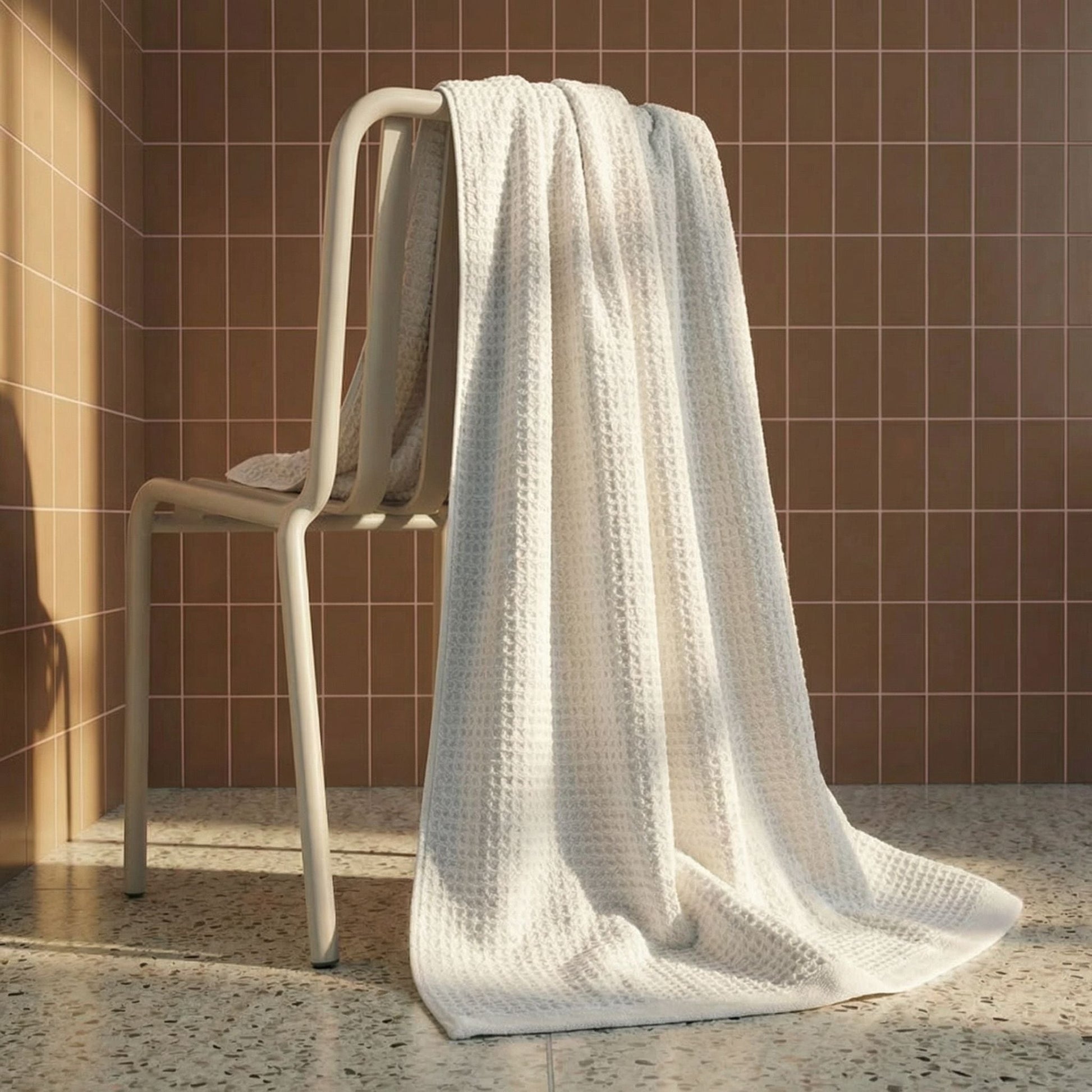 White waffle cotton bath towel hanging over a rack, showing textured weave.