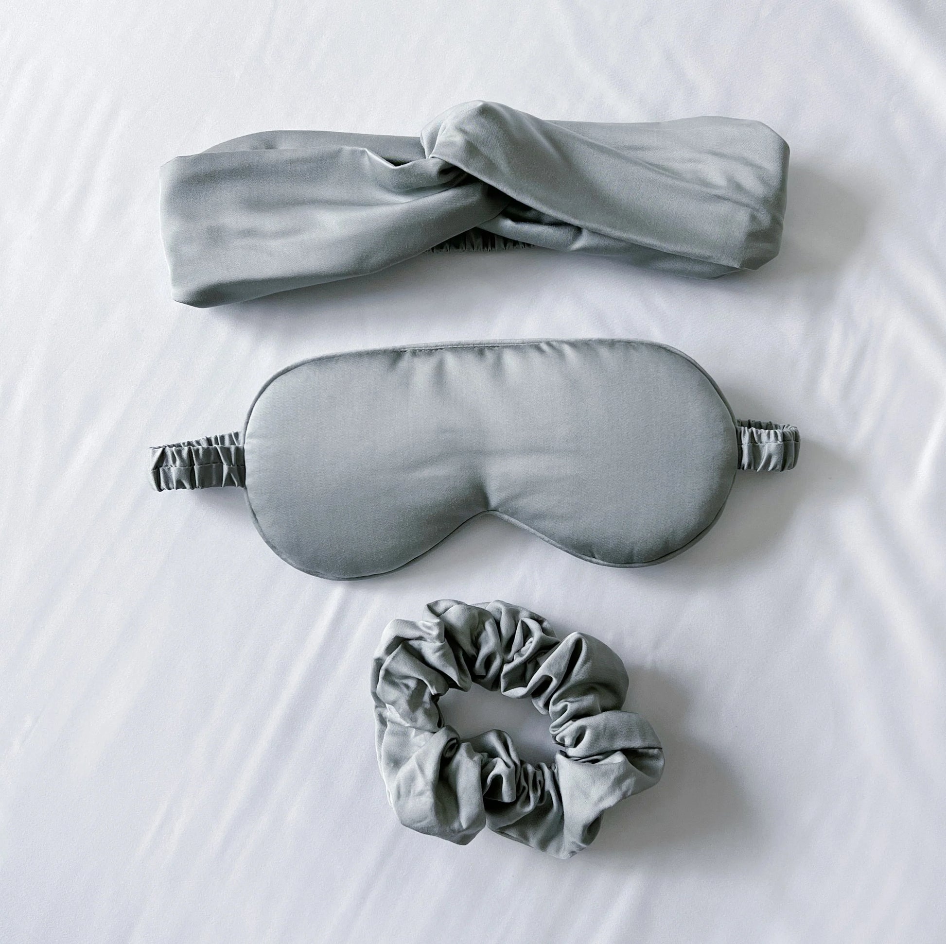 Bamboo sleep care set with gray eye mask, gray headband, matching scrunchie
