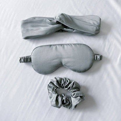 Bamboo sleep care set with gray eye mask, gray headband, matching scrunchie