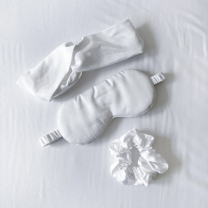 Bamboo sleep care set with white eye mask, white headband, matching scrunchie